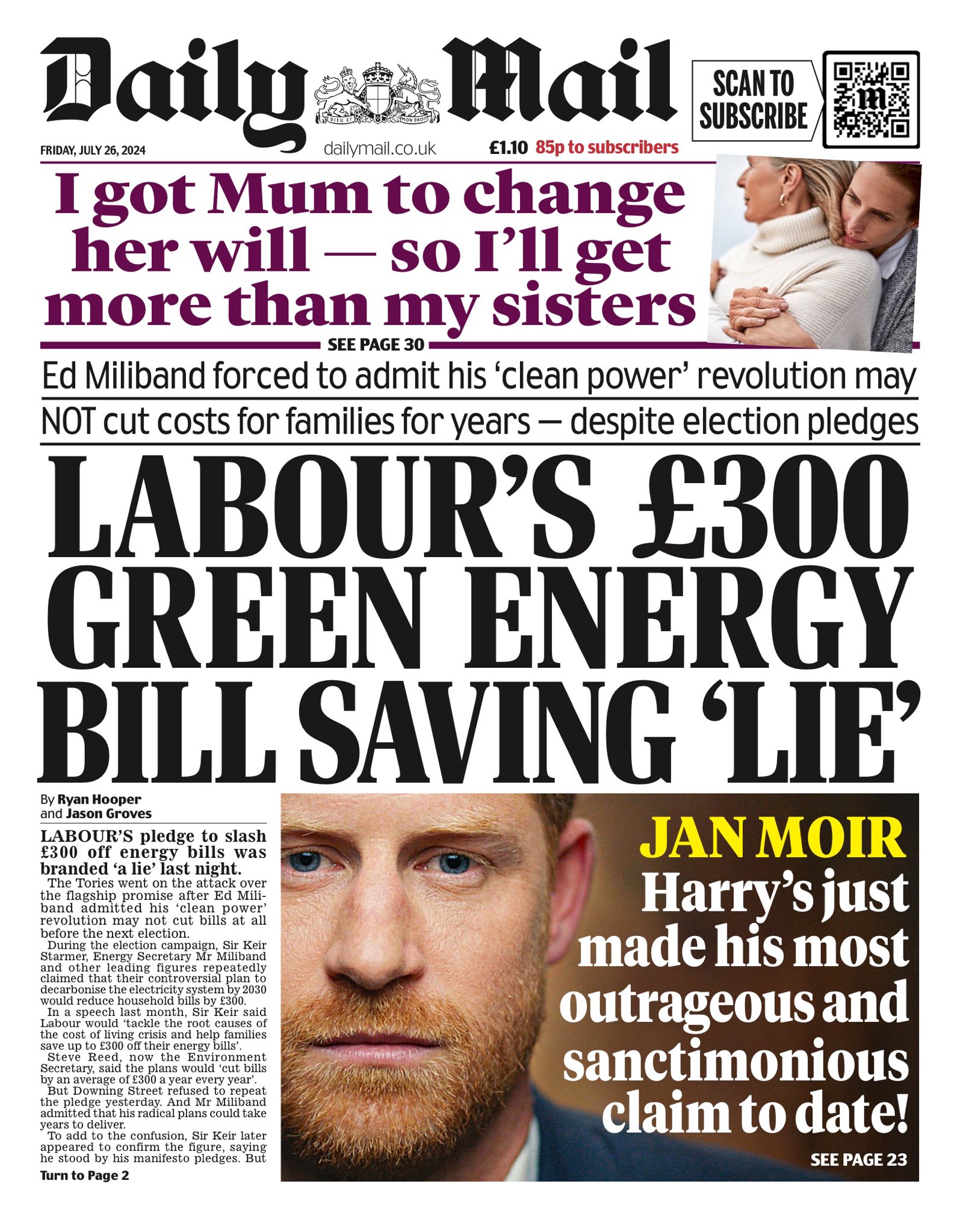 Daily Mail Front Page 26 July 2024