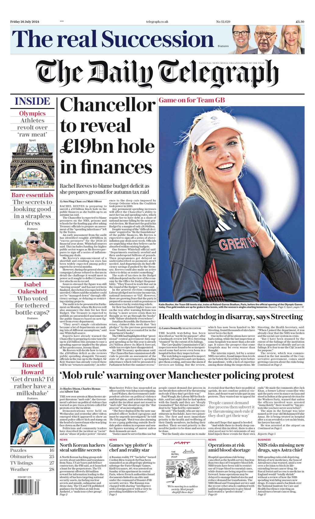 Daily Telegraph Front Page 26 July 2024