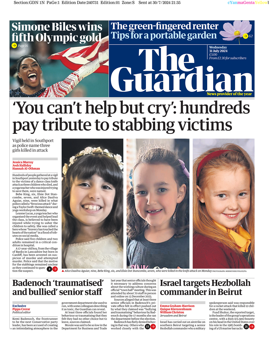 The Guardian Front Page 31 July 2024