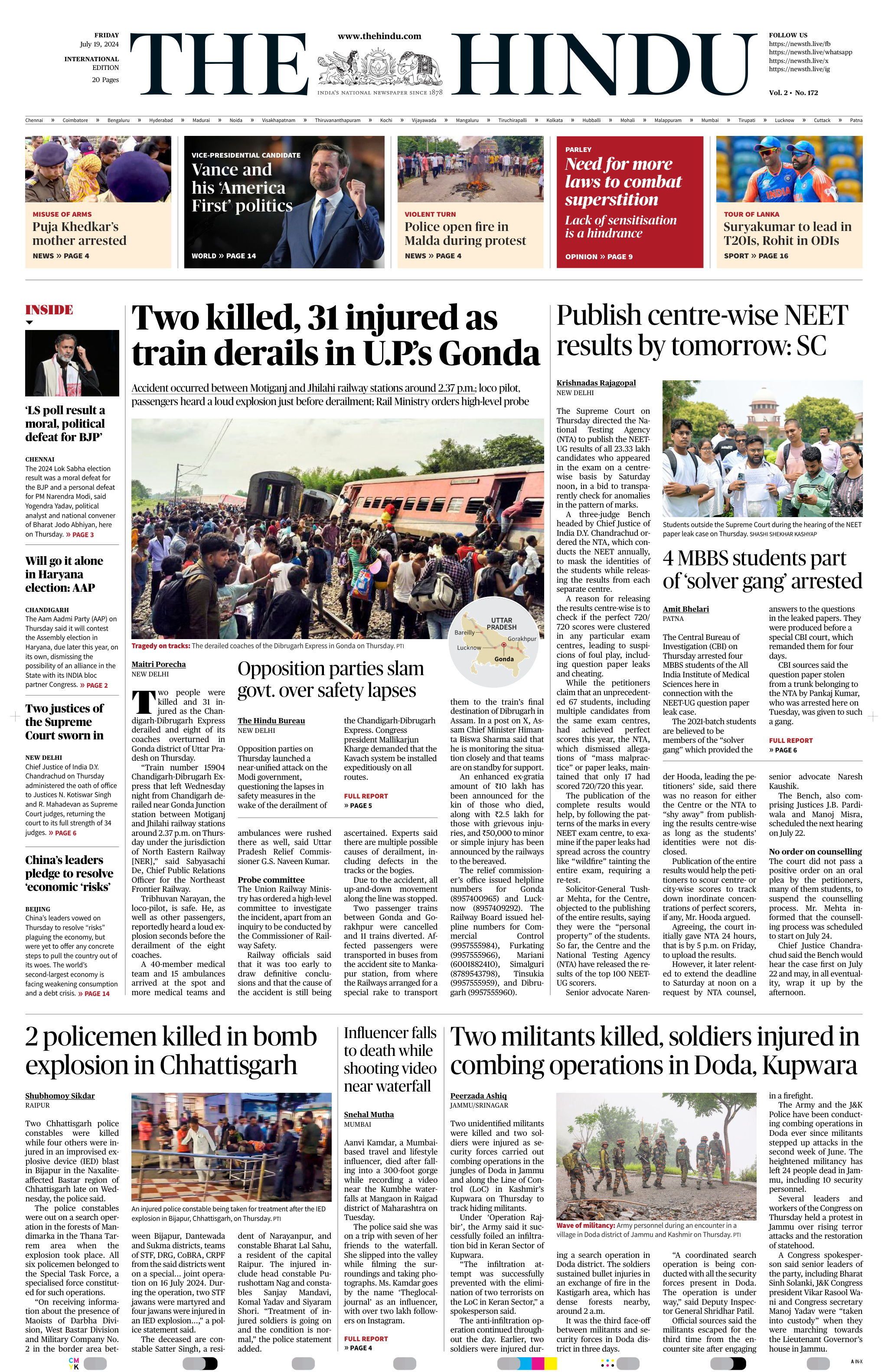 The Hindu Today's front page