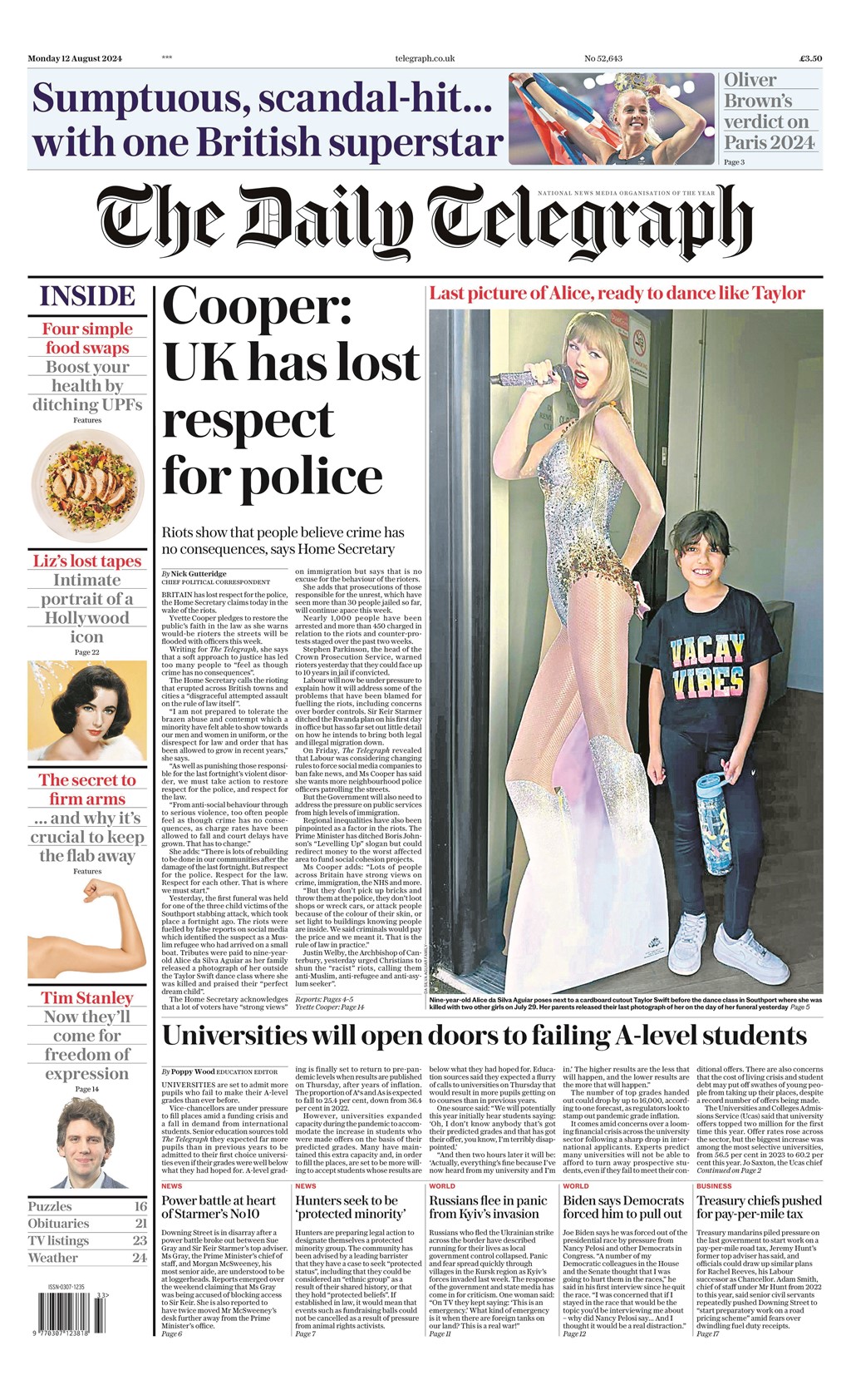 Daily Telegraph Front Page 12th of August 2024