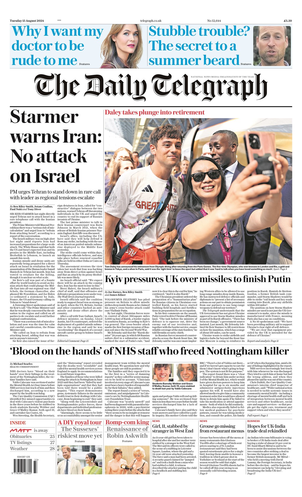 Daily Telegraph Front Page 13th of August 2024