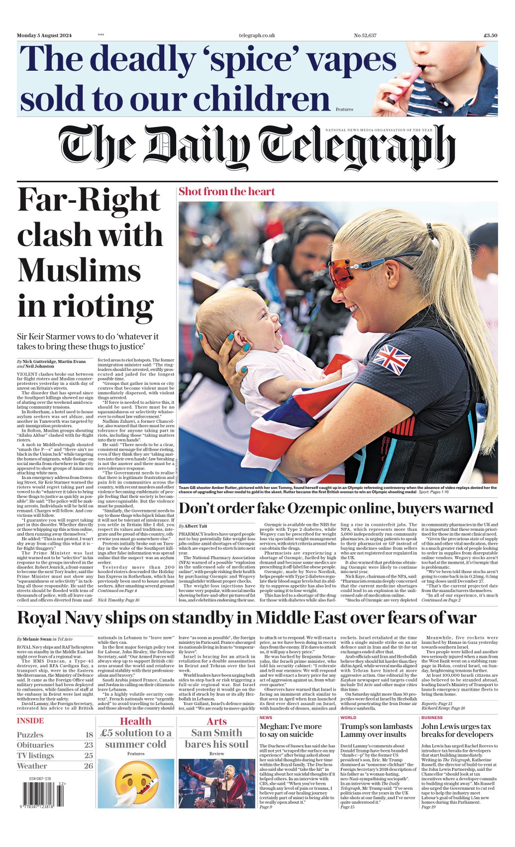 Daily Telegraph Front Page 5th of August 2024