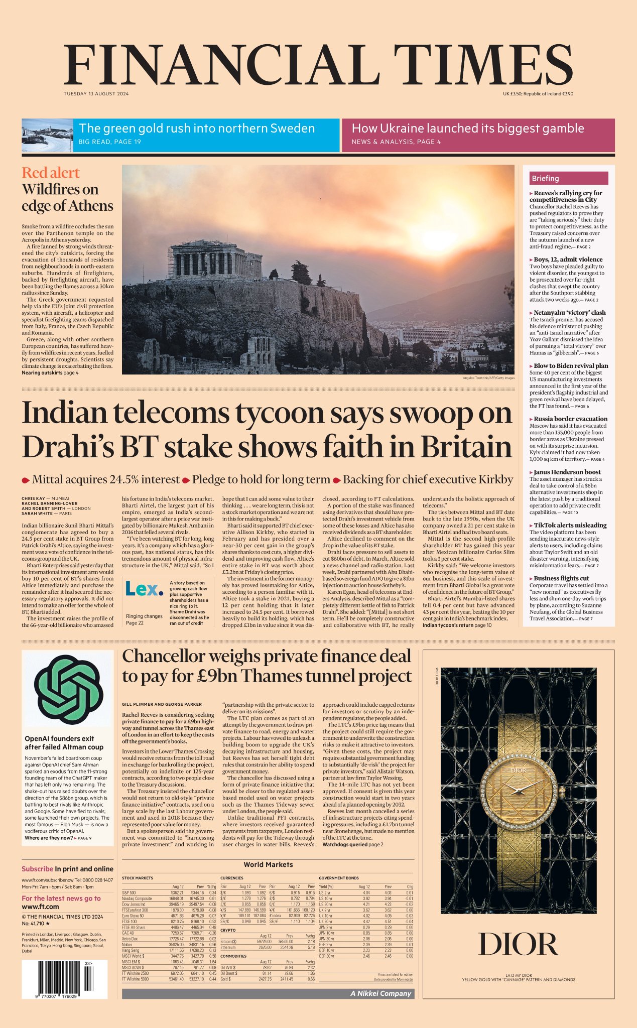 Financial Times Front Page 13th of August 2024