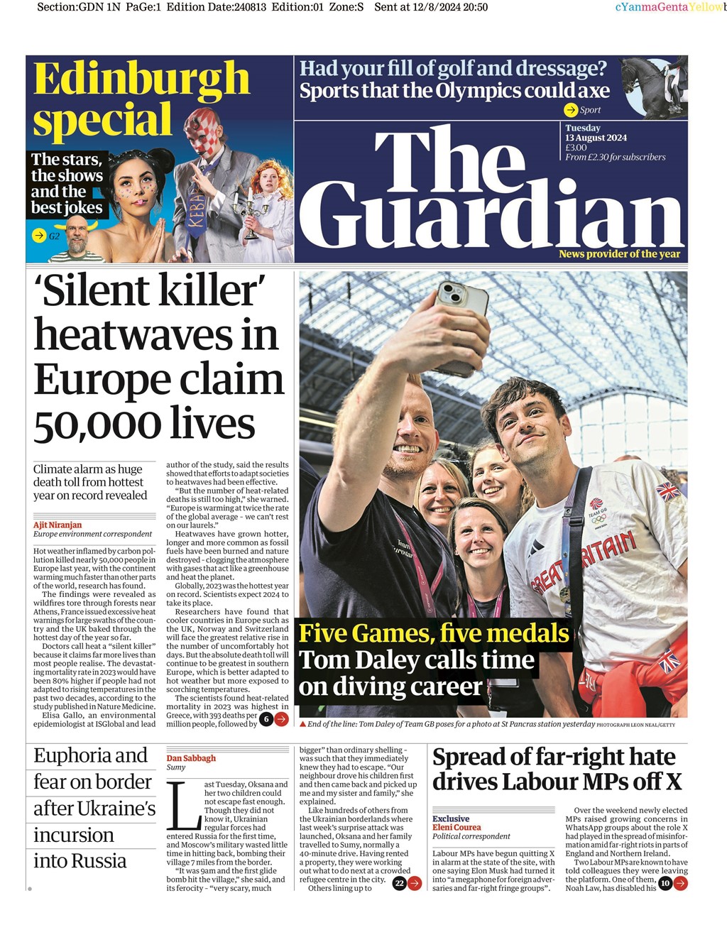 Guardian Front Page 13th of August 2024