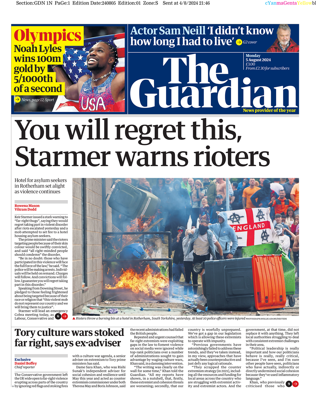 Guardian Front Page 5th of August 2024