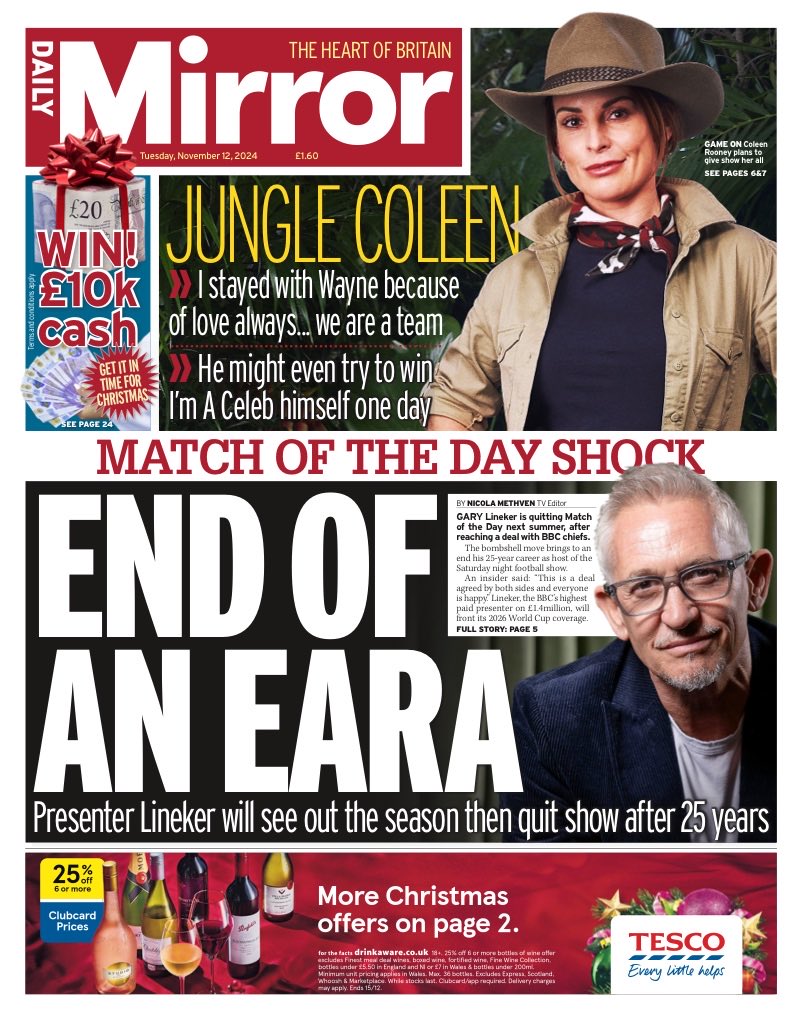 Daily Mirror Front Page 12th of November 2024