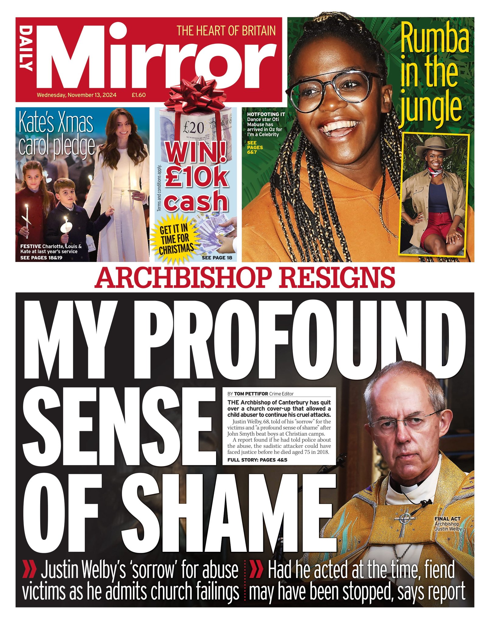 Daily Mirror Front Page 13th of November 2024