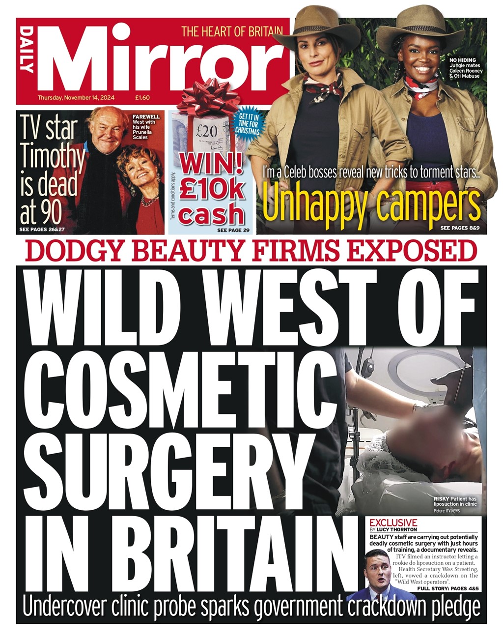 Daily Mirror Front Page 14th of November 2024