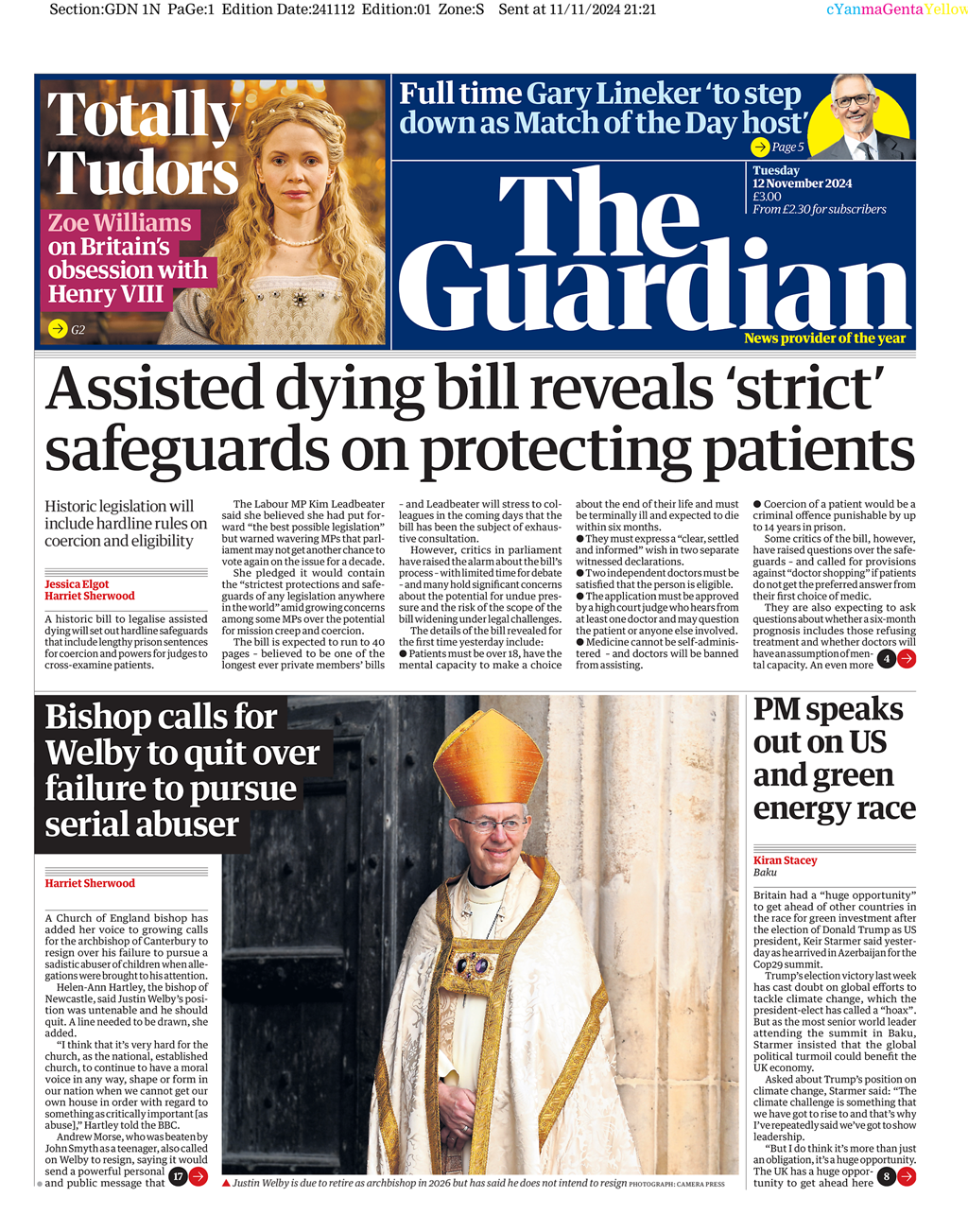 Guardian Front Page 12th of November 2024